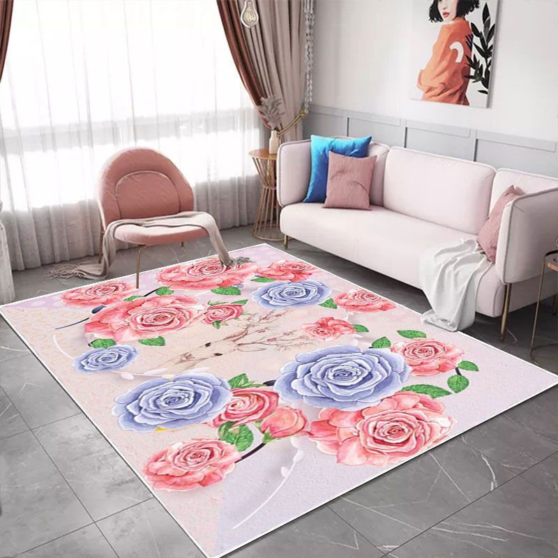 Modern Floral Pattern Area Rug Pink Polyester Area Carpet Non-Slip Backing Rug for Home Decor