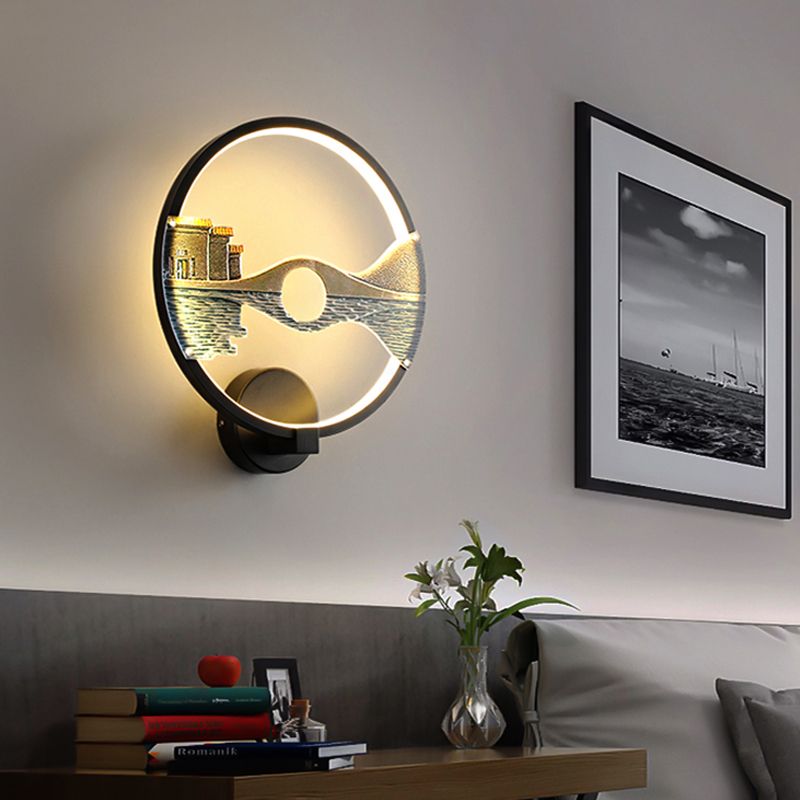 Black/White Circular Sconce Light Fixture LED Acrylic Wall Mount Lamp with Chinese Style Scenery Pattern, 12 Dia"