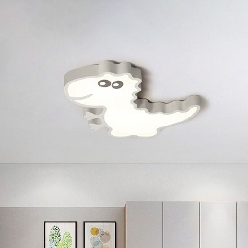 Dinosaur Flush Mount Light Fixture Kids Iron White/Pink/Green LED Close to Ceiling Lighting for Children Bedroom