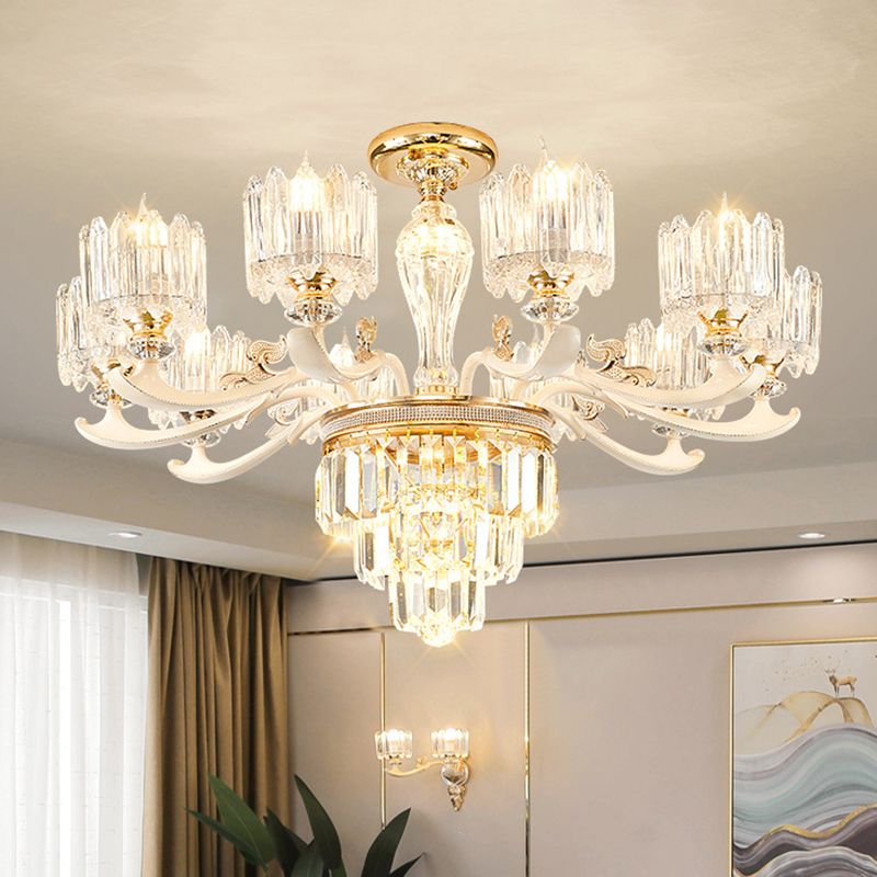 Cylindrical Shaped Living Room Chandelier Light Retro Clear Glass Gold Pendant Light with Layered Crystal Decor