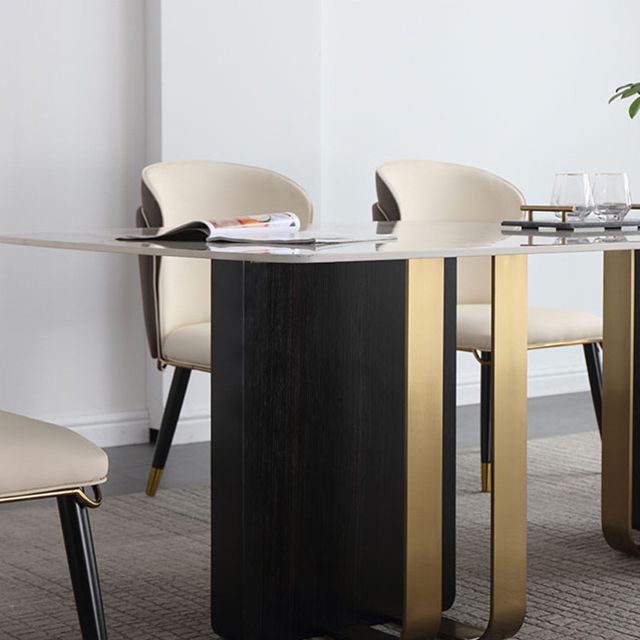 Luxury Sintered Stone Top Dining Table Rectangle Table with Double Pedestal in Black and Gold