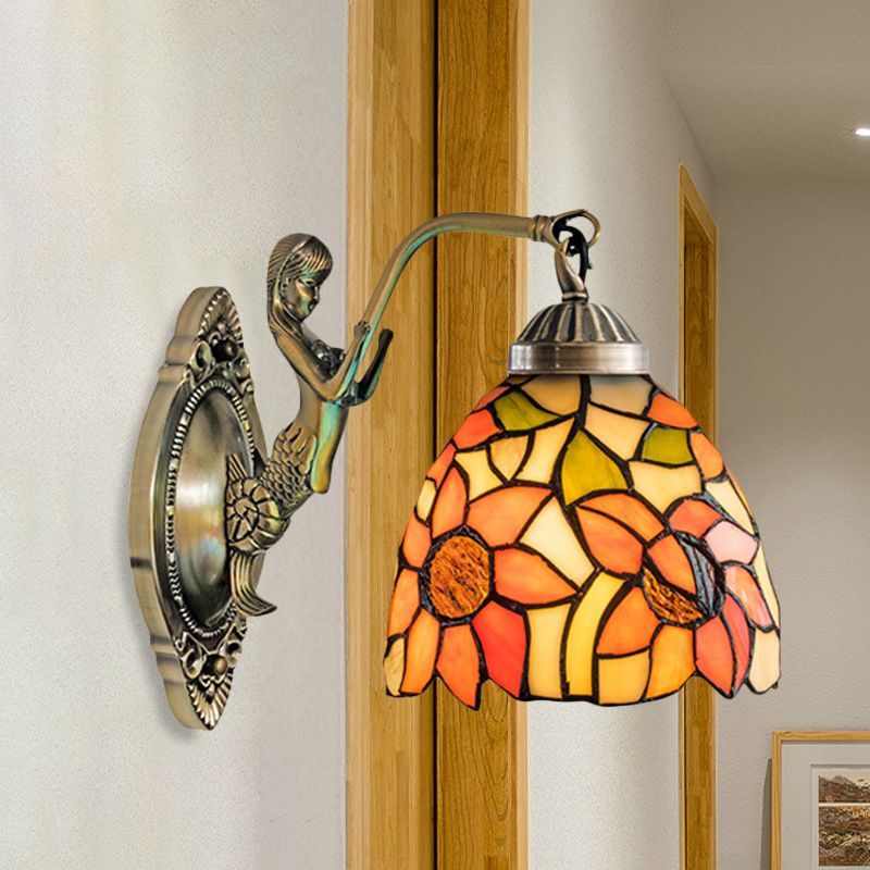 Cut Glass Beige/Orange Wall Mounted Light Bowl 1-Light Victorian Sunflower/Floral Patterned Surface Wall Sconce with Mermaid Arm