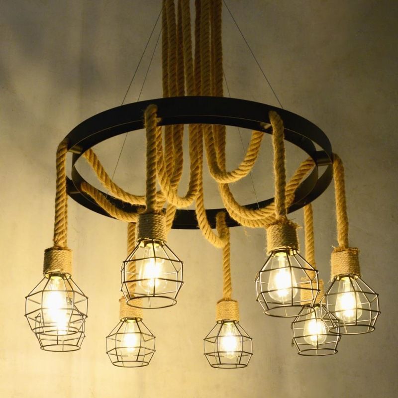 Grenade Metallic Ceiling Lighting Retro Style Restaurant Chandelier Light Fixture with Hemp Rope in Black