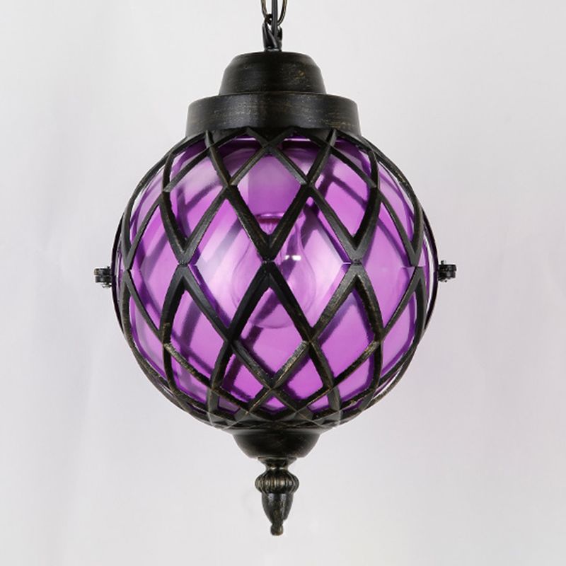 1 Light Restaurant Pendant Lighting Moroccan Black Ceiling Light with Globe Amber/Green/Purple Glass Shade