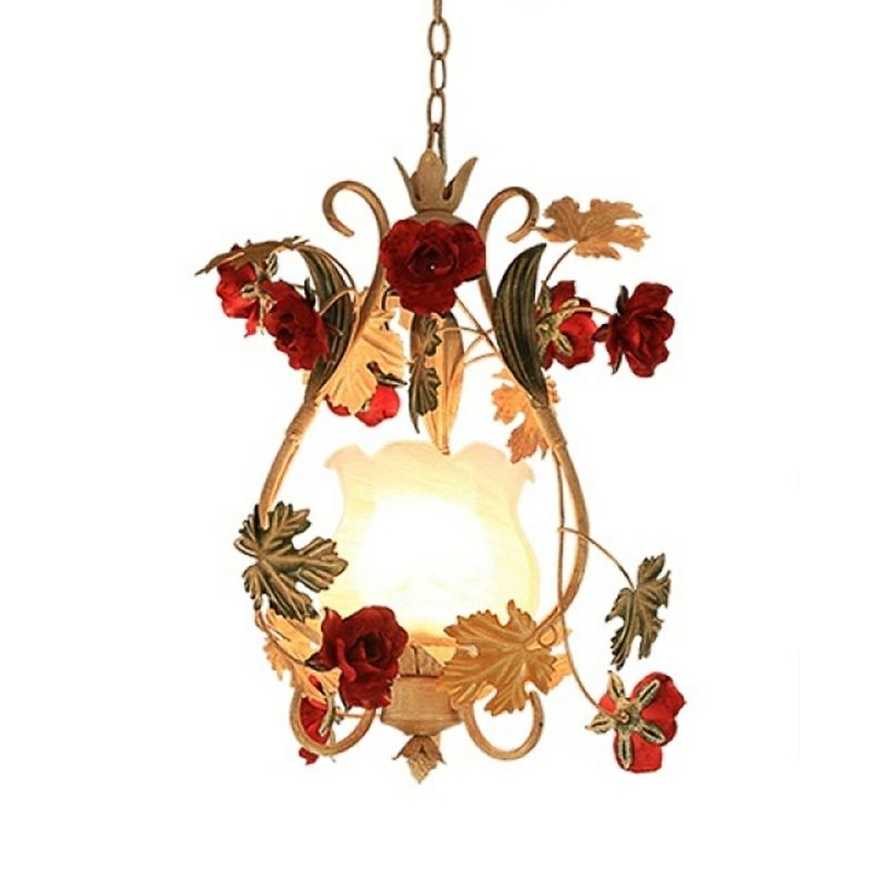 Single Bulb Suspension Lighting Korean Flower Scrolled Arm White Glass Hanging Pendant