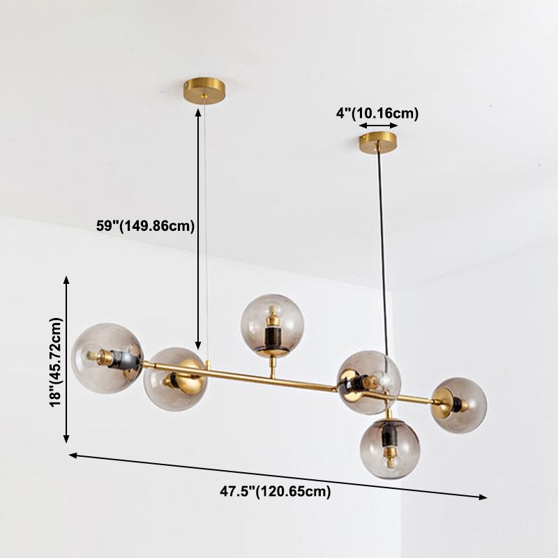 Gold Metal Island Light Modern 6-Head Restaurant Hanging Lamps with Globe Glass Shade