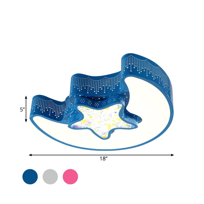 Kids Style Moon and Pentagram Ceiling Flush Acrylic Bedroom LED Flushmount Lighting with Starry Design for Bedroom in Blue/Pink/White