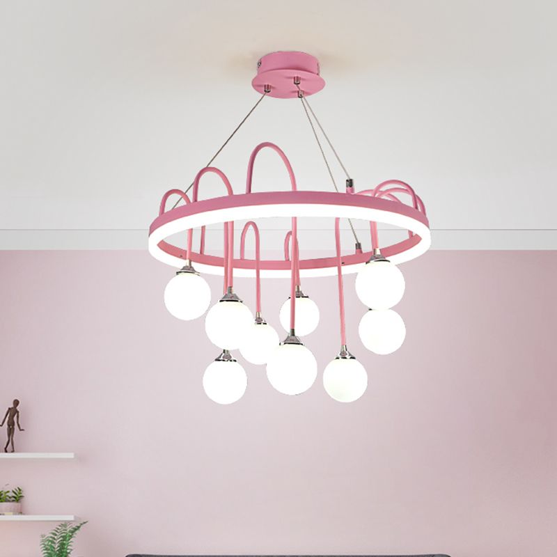 Rounded Hanging Lamp Kids Metal 9-Light Pink Chandelier Lighting with Frosted Glass Shade