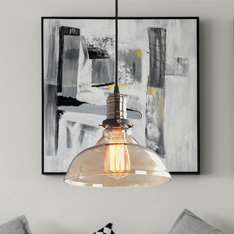 Clear/Amber 1 Light Pendant Ceiling Light Antique Glass Dome Hanging Lamp for Living Room