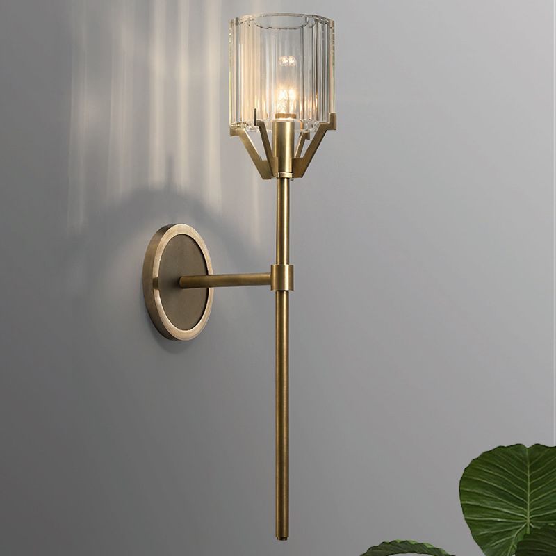 Brass 1 Head Wall Light Fixture Postmodern Clear Crystal Block Cylinder Wall Sconce with Pencil Arm