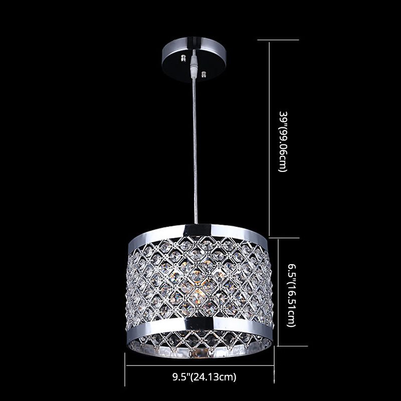 Metal Cylindrical Pendant Lamp Modern Style 1-Light Hanging Light with Crystal Beads