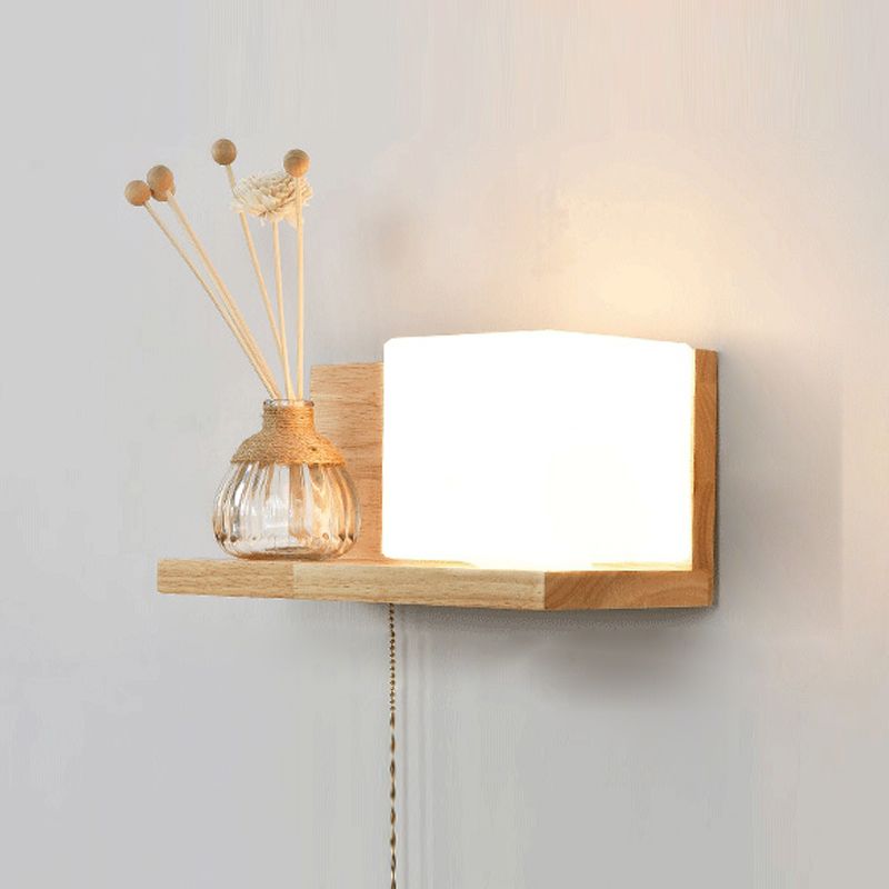 Japanese Wood Wall Light Cube 12" Wide Wall Sconce with Pull Switch for Bedroom