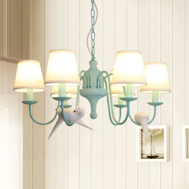Fabric Tapered Shade Chandelier with Vivid Bird 6 Lights Contemporary Hanging Light in Green