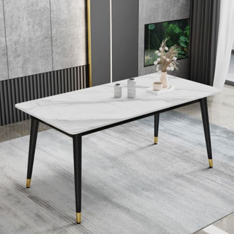 Scandinavian White Slate Dining Table Rectangular Dining Table with Four-leg Metal Base