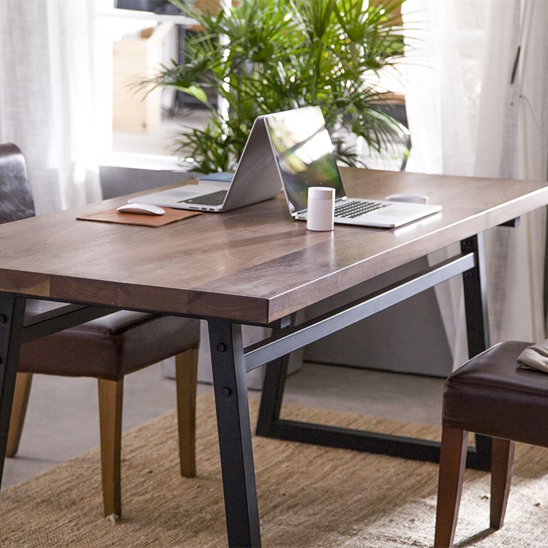 Industrial Pine Wood Table for Restaurant Rectangle Table with Metal Double Pedestal