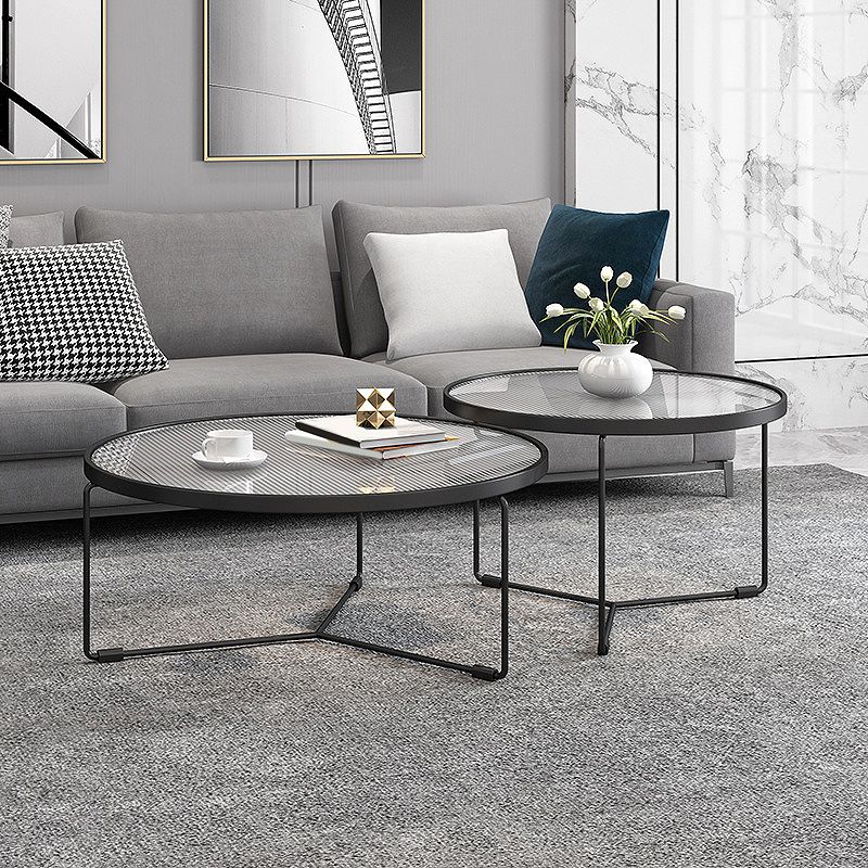 Modern Style Tempered Glass Top White/black Iron Base Round Coffee Table