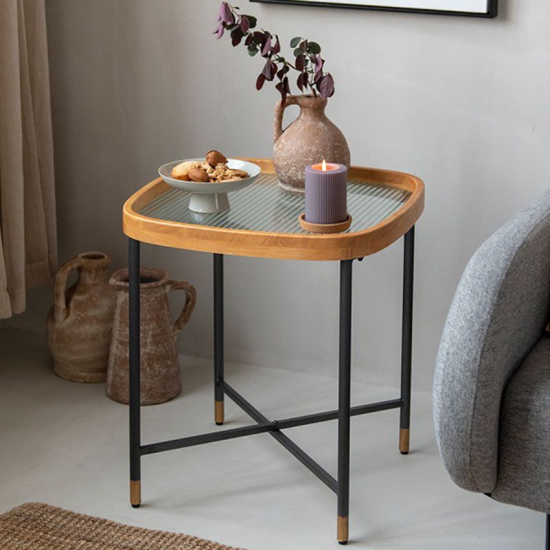 Cross Legs End Table 18.5" W x 18.5" D x 21.65" H Glass/Wood Top Side Table