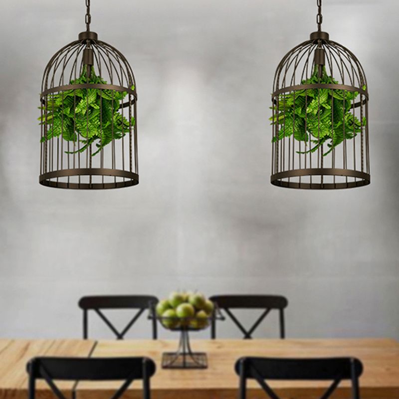 Cage à oiseaux à un seul bulbe Lampe suspendue industrielle en fer noir pendule lumière avec plante artificielle