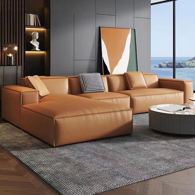 Contemporary Square Arm Sectional Orange Faux Leather Sectional
