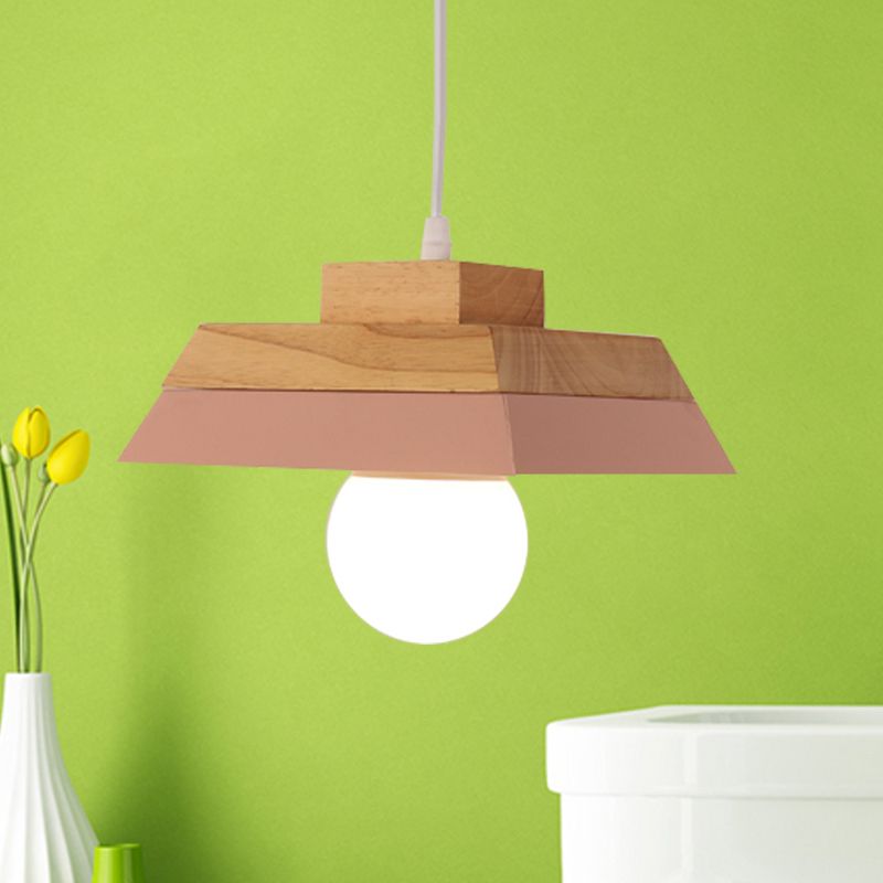 1-Bulb Living Room Suspension Light Modernism Yellow/Pink and Wood Hanging Lamp Kit with Geometric Metal Shade