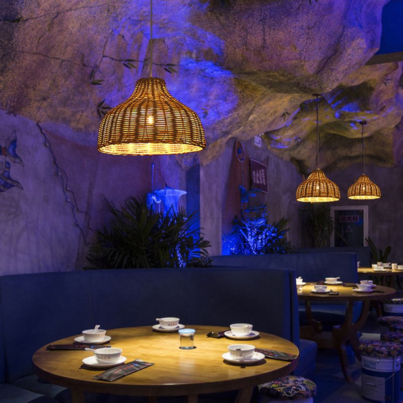 Pot Cover Restaurant Ceiling Light Rattan 1 Bulb Asian Style Hanging Light Fixture