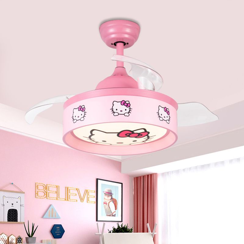 Ventilador de techo de dormitorio LED de 36 "W Luce Niños Pink/Blue 3 Lámpara de semi Flush Lámpara con tono de metal de tambor Patrón de gato de dibujos animados