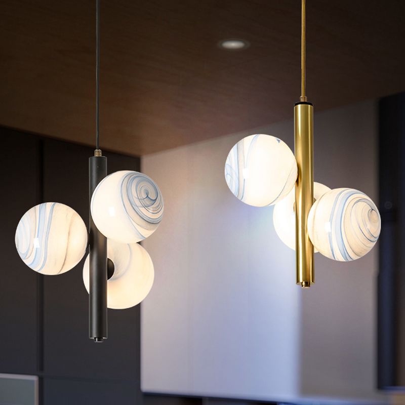 Minimalisme 3 têtes lustre luminaire en laiton global pendentif à LED avec une teinte en verre givré