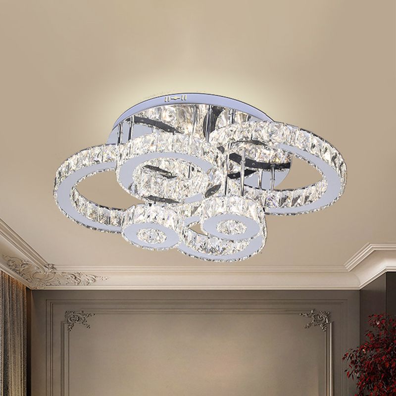 Crystal Multi-Rings Ceiling Lighting Contemporary Bedroom LED Semi-Flush Mount Light in Stainless Steel