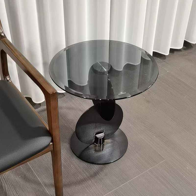 Contemporary Glass Round Top Side Table Metal Pedestal End Table