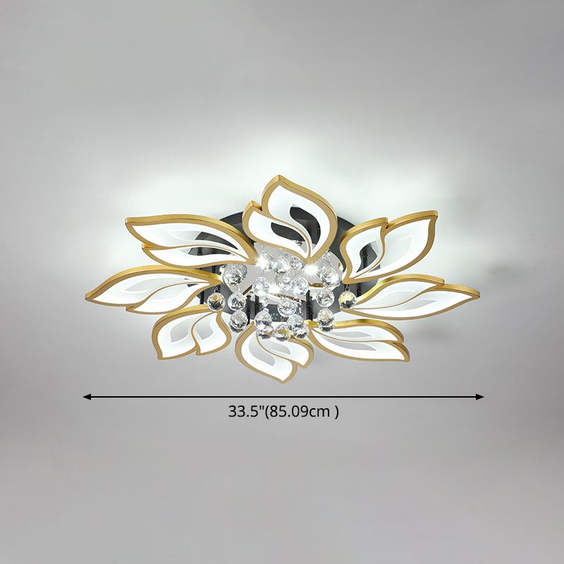 Gold Finish Flower Ceiling Lighting Contemporary LED Metal Semi Flush Mount with Crystal Ball