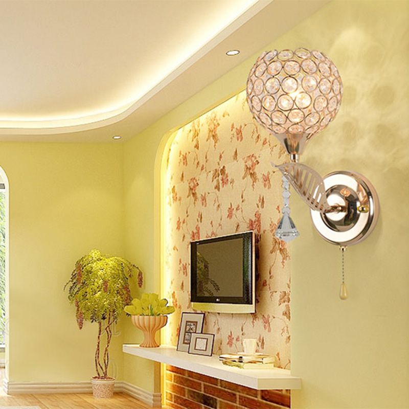Modern Pull-Chain Wall Lamp Gold Global Wall Mounted Light with Crystal Shade