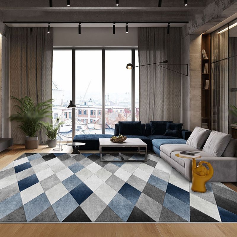 Contemporary Checked Pattern Rug Grey and Blue Polyester Carpet Washable Anti-Slip Backing Pet Friendly Indoor Rug for Bedroom