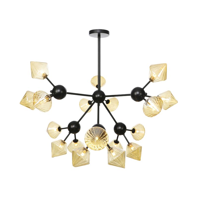 18 Heads Diamond Chandelier Lamp Modernism Amber Glass Hanging Pendant Light in Black