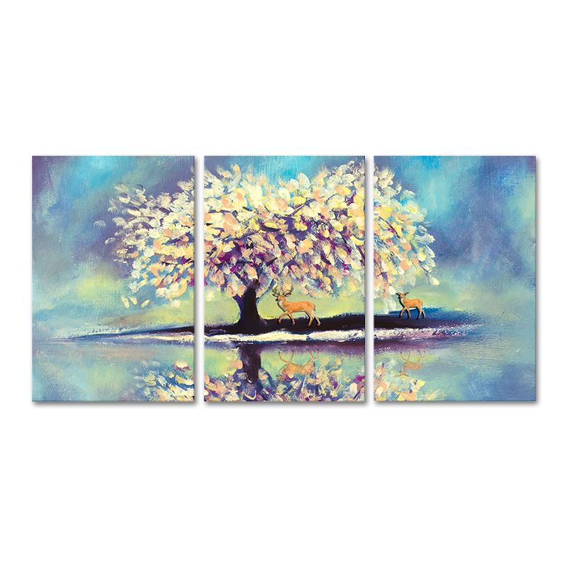 Blue Lake Reflection Canvas Art Deer and Tree Painting Kids Multi-Piece Wall Decor