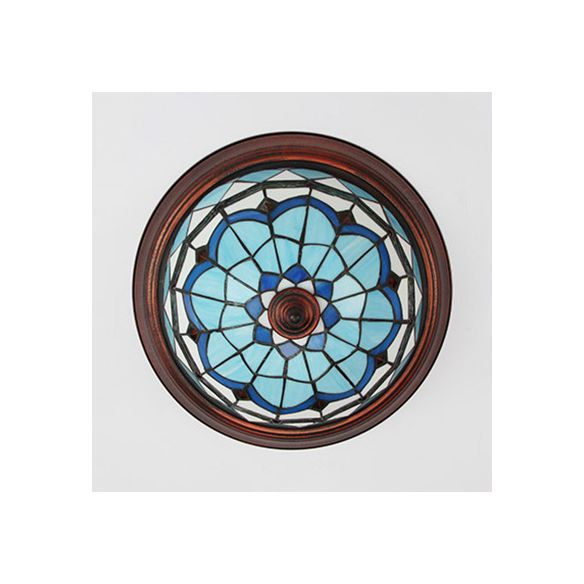 Industrial Vintage Dome Shape Flushmount Ceiling Light Stained Glass 1 Light Flush Mount Ceiling Fixture in White/Clear/Blue