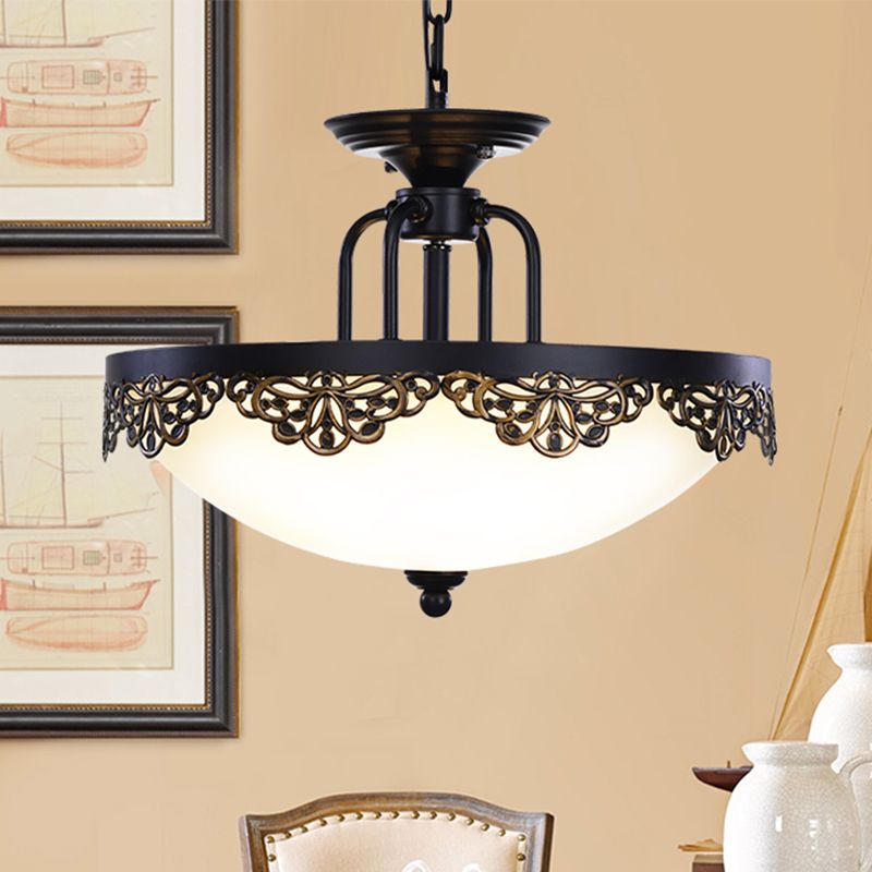 2 Bulbs Dome Hanging Chandelier Countryside Black Finish Opal Glass Pendant Light Fixture