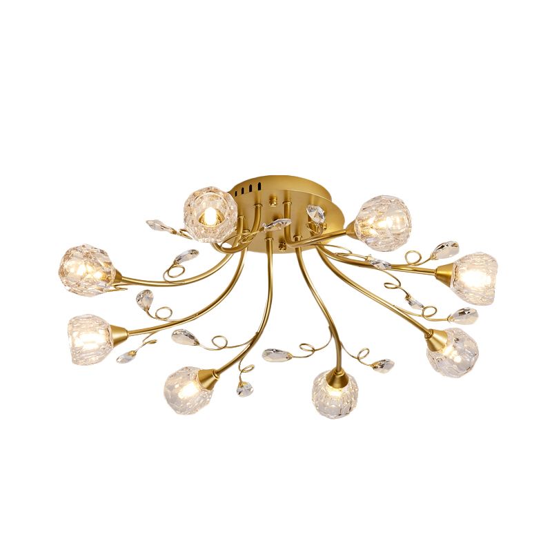 Faceted Crystal Globe Semi Flush Lighting Modernist 8-Light Restaurant LED Close to Ceiling Lamp in Gold