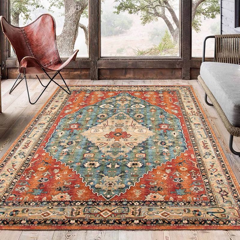 Red Tone Ethnic Print Rug Polyester Moroccan Carpet Non-Slip Backing Indoor Rug for Living Room
