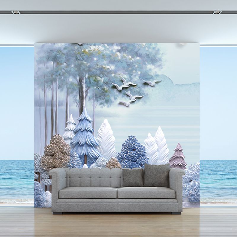 Modern Style Tree Mural Decal Blue-Brown Living Room Wall Art, Custom Size Available