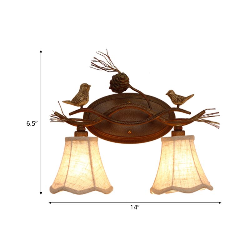 Rust Scalloped Wall Lighting Traditional Metal 2/3 Lights Bedroom Sconce Lamp with White Fabric Shade