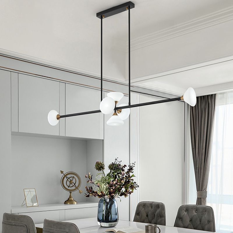 Modern 6/10-Head LED Island Pendant with White Glass Shade Black Linear Ceiling Light Fixture in Warm/White Light