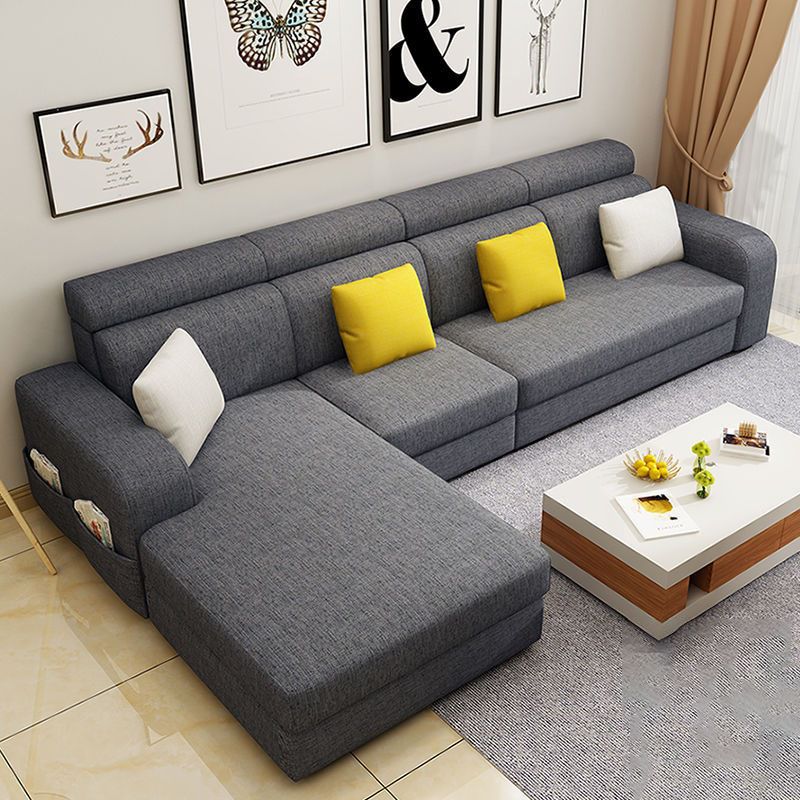 Square Arms Sectional Faux Leather/Linen Blend Sofa and Chaise for Apartment