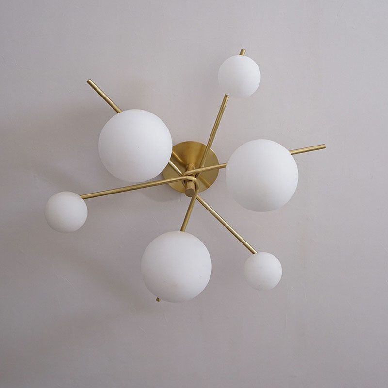 Simplicity 6-Light Semi Flush Mount Lamp Gold Sputnik Ceiling Light with Ball White Glass Shade