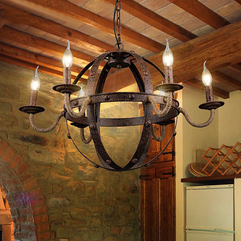 Globe Metal Chandelier Lamp Country Style 6 Lights Dining Room Pendant Lighting in Rust
