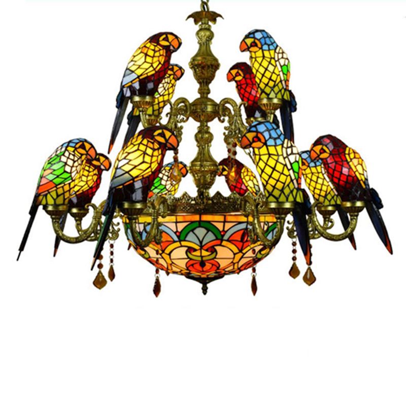 Multi Colored Tiffany Glass Suspension Lighting Victorian Style Ceiling Suspension Lamp for Living Room