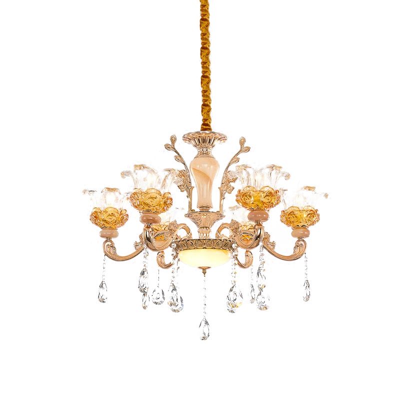 Sospensione del soggiorno floreale Lumo contemporaneo in vetro trasparente Crystal 6 lampadina lampadina in oro rosa