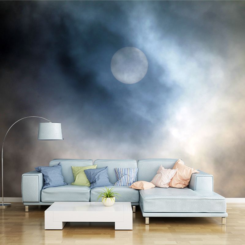 Moon and Foggy Sky Mural Blue-Yellow Modern Style Wall Decoration for Living Room