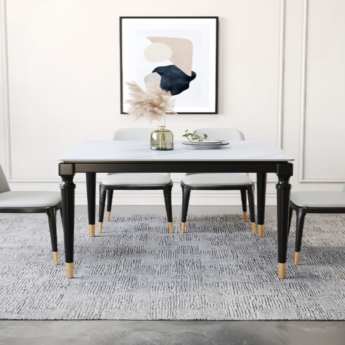 Solid Wood Mid-Century Modern Table White Sintered Stone Table with 4 Legs