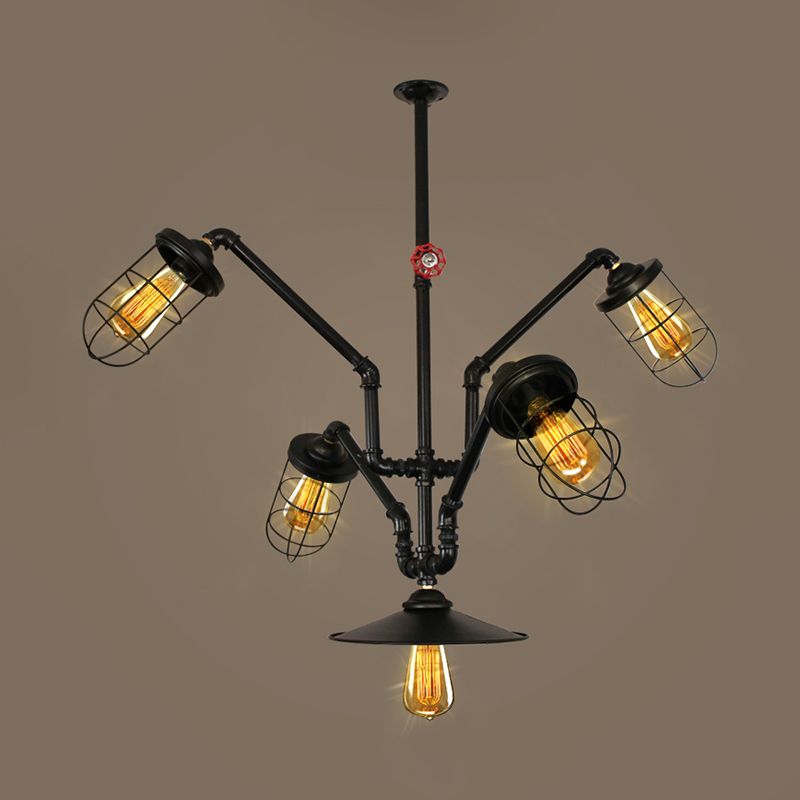 Abstract Pipe Living Room Pendant Vintage Metallic 5-Light Black Hanging Chandelier with Wire Cage