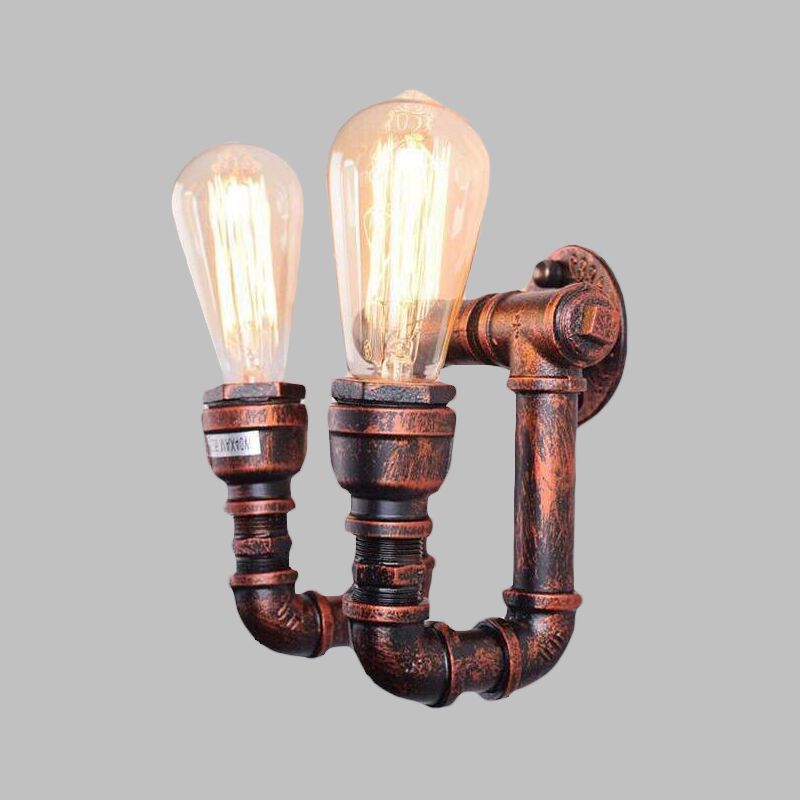 Antiqued Piping Wall Mount Light 2 Lights Metal Sconce Lamp Fixture in Copper for Stairway